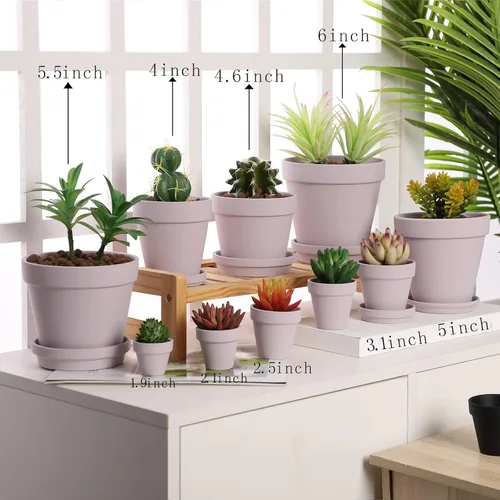 Miniatura 4 de Yishang Macetas grandes de terracota con platillo, paquete de 4 macetas grandes de terracota de 6 pulgadas con orificio de drenaje, maceta con Blanco