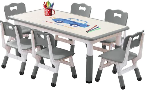 Miniatura 11 de Juego de Mesa y Silla para Niños Ajustable en Altura para Niños Pequeños y Juego de 6 Sillas con Escritorio a Prueba de Grafiti, Patas