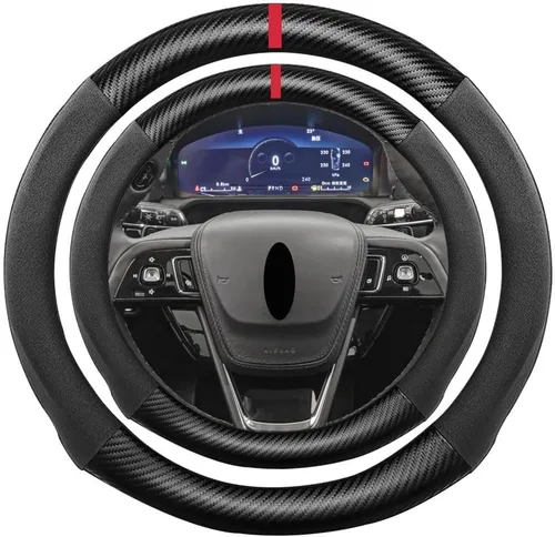 Miniatura 13 de Funda de volante de ante con fibra de carbono de K LAKEY, compatible con Porsche 718 Boxster Cayman 911 Panamera Macan Cayenne de 15 pulgadas, cuero