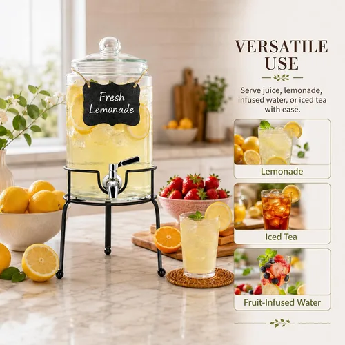 Miniatura 3 de Dispensador de bebidas de 1 galón, 1 paquete, dispensador de bebidas de espita de acero inoxidable para fiestas con soporte, recipiente de vidrio