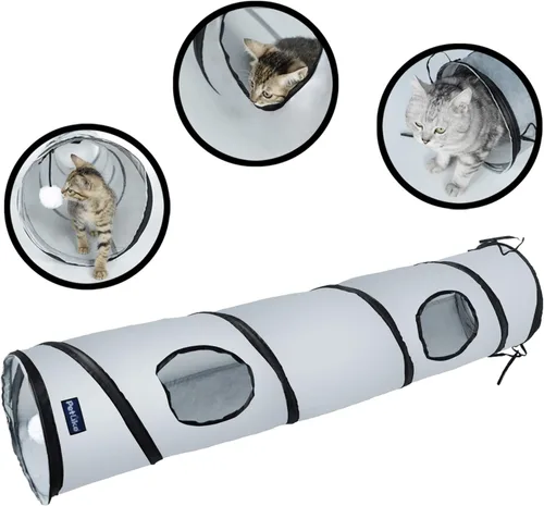 Miniatura 15 de PetLike Túnel para gatos (con juguete interactivo para gatos y juguete de hierba gatera) para gatos de interior, tubo plegable para mascotas, gris