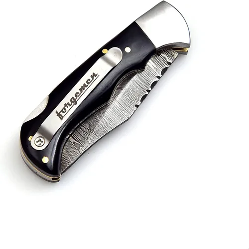 Miniatura 6 de FM807 Cuchillo de bolsillo, cuchillo plegable con clip de Damasco hecho a mano personalizado para hombres, genial para camping, caza, pesca y Negro