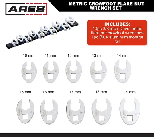 Miniatura 2 de ARES 33010 - Juego de llaves métricas para tuercas de trampa, 10 piezas, 3/8 pulgadas, diseño de llave de pata de gallo de 6 puntos, incluye riel