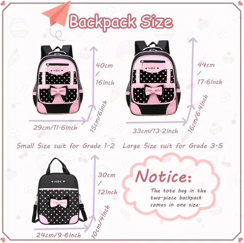 Miniatura 2 de Juego de 2 mochilas escolares con lazos para niñas y estudiantes, diseño de princesa para escuela primaria, 2pcs Negro-s, 2Pcs BagSet S