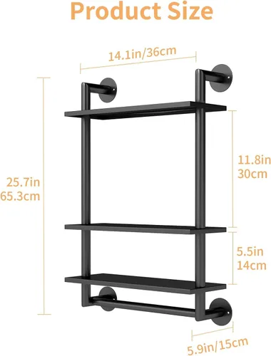 Miniatura 2 de STWWO Estantes de baño montados en la pared, estante de baño negro de 3 niveles con toallero, toallero flotante de acero inoxidable de 26 pulgadas