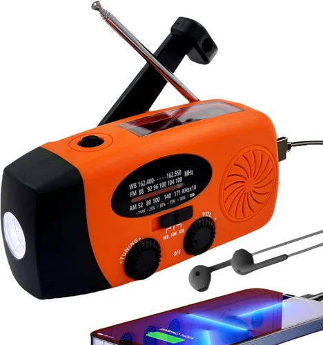 Miniatura 7 de Radio de emergencia meteorológica, radio de manivela solar portátil AM/FM/NOAA, cargador de teléfono celular con SOS, linterna LED de 1 W, conector