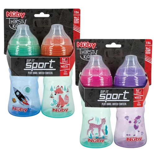 Miniatura 9 de Nuby Paquete de 2 Vasos Deportivos Sin Derrames Impresos Thirsty Kids No-Spill Sip-it con Boquilla Suave y Tapa - 12 oz, 12+ Meses, Paquete de 2