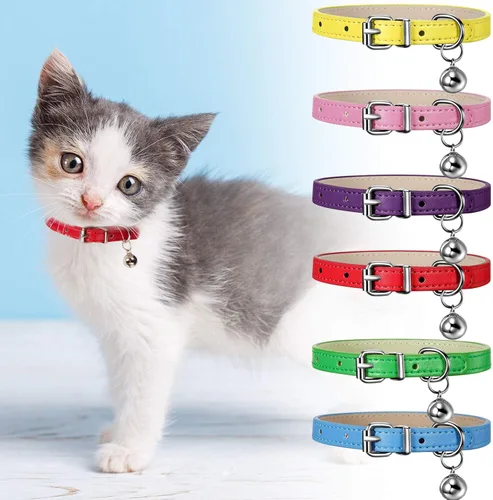 Miniatura 6 de Weewooday 6 piezas de collar de cuero para gato con campana, lindo collar de cuero para gatito para niños y niñas, gatos para gatitos pequeños