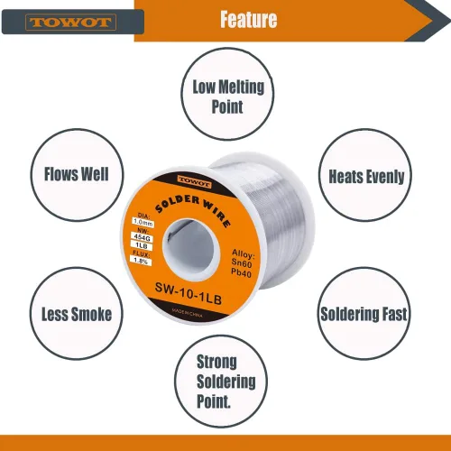 Miniatura 3 de TOWOT Alambre de soldadura con núcleo de colofonia de estaño y plomo para soldadura eléctrica, contenido 1.8% flujo de soldadura Sn60-Pb40
