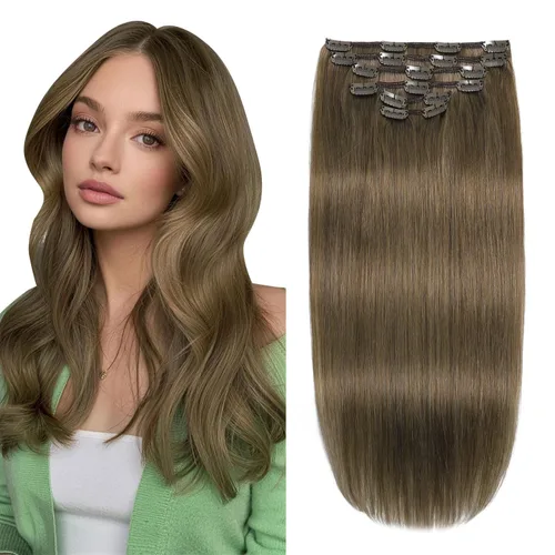 Miniatura 20 de XDhair Extensiones de cabello humano Remy con pinzas, color marrón medio #4, mezclado con rubio caramelo #27, 3.53 oz, 6