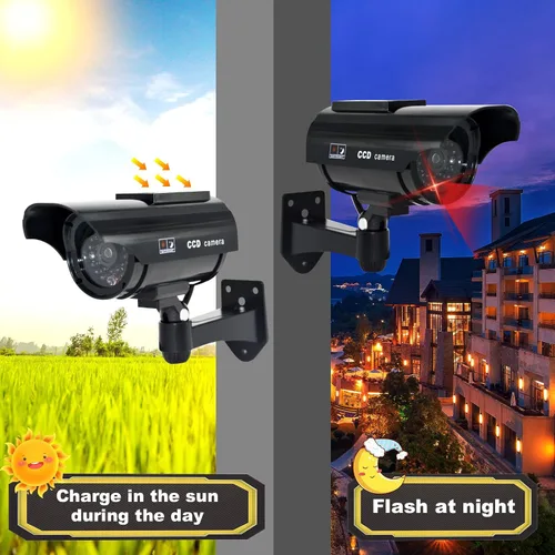 Miniatura 4 de F FINDERS&CO Cámara de seguridad falsa alimentada por energía solar, sistema de vigilancia con luces intermitentes rojas realistas para interiores