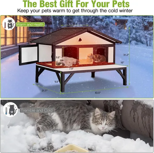 Miniatura 6 de GUTINNEEN Casa climatizada para gatos al aire libre para exteriores, resistente a la intemperie, aislada, refugio para gatos para invierno