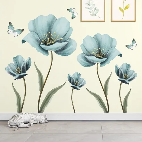 Miniatura 3 de Calcomanías de pared de flores azules de ensueño creativas pintadas con mariposas para pared, pintura romántica, decoración artística, vinilo