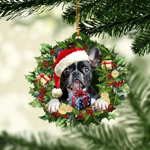 Miniatura 9 de Talataca Boston Terrier con camión rojo de Navidad, árbol de pino, regalo 2D plano para espejo retrovisor, accesorios para el árbol de Navidad