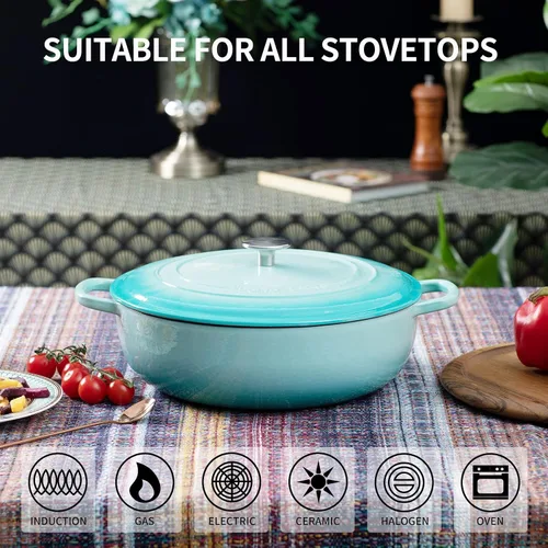 Miniatura 5 de EDGING CASTING Horno holandés de hierro fundido esmaltado con cazuela poco profunda con doble asa, 3.8 cuartos de galón, azul pavo real