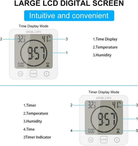Miniatura 6 de Temporizador de ducha digital con pantalla táctil impermeable, pantalla de temperatura y humedad, reloj de baño con ventosas y agujero para colgar