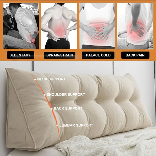 Miniatura 2 de Almohada triangular para cabecero, respaldo grande, cojín de soporte de cuña, almohada lumbar para cama de día, litera, dormitorio con funda Beige