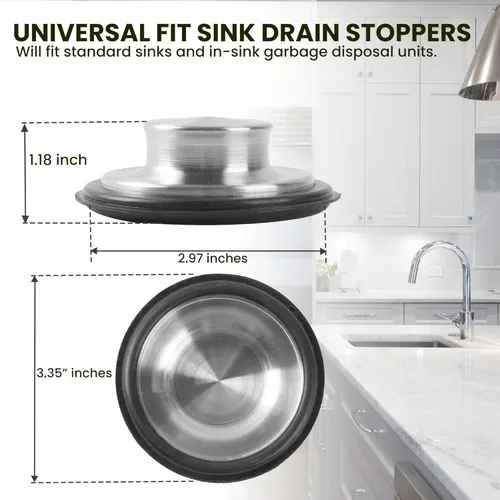Miniatura 6 de Tapones para fregadero de cocina de acero inoxidable - Tapones de drenaje de fregadero de ajuste universal de 3.35 x 1.18 pulgadas, con sello