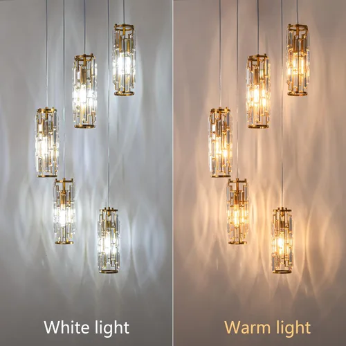 Miniatura 7 de LMQNINE - Lámpara colgante, lámparas colgantes modernas doradas, mini candelabros de cristal, iluminación colgante ajustable de 5 luces para cocina