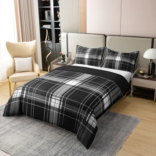 Miniatura 3 de Erosebridal Juego de ropa de cama de 100 % algodón a cuadros para niños y niñas, funda de edredón a cuadros, funda de edredón moderna geométrica