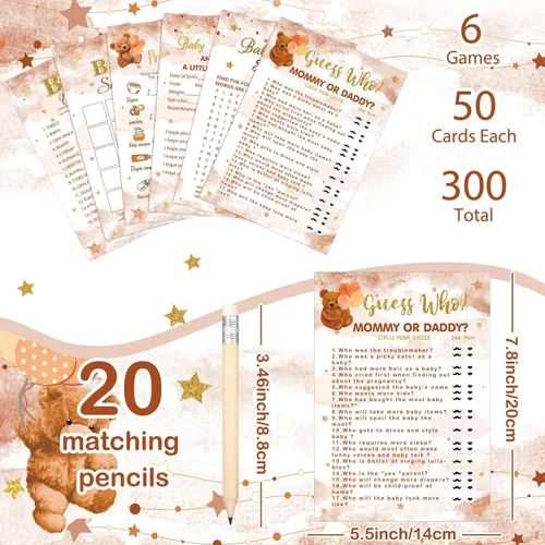 Miniatura 4 de Sherr 320 juegos de baby shower de oso marrón: 6 juegos, 50 hojas cada uno, 20 lápices, incluye descripciones, deseos, adivina quién, bingo