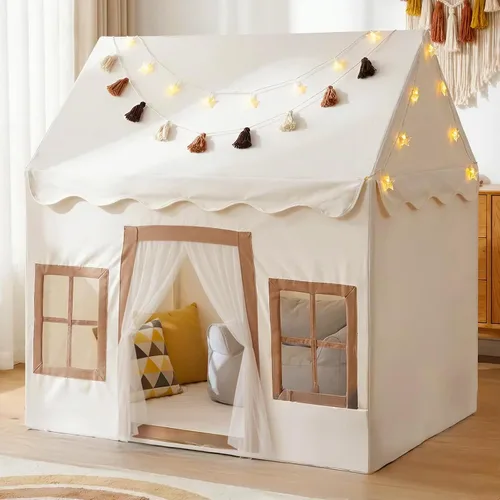 Little Dove Tienda de campaña para niños con alfombra, luces de estrella, guirnalda de borlas, casa de juegos para niños con ventanas fáciles de