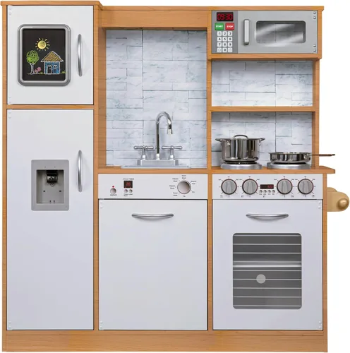 Lil' Jumbl Set de Cocina Infantil, Cocina de Madera de Juguete, Heladera y Microondas Operados a Batería con Sonido Realista, Incluye Ollas y Natural