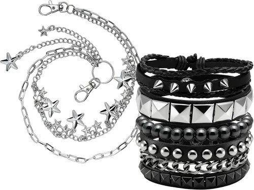 Miniatura 10 de Eigso Juego de 4 pulseras de cuero punk, con tachuelas de roca para hombres y mujeres, estilo retro, clásico, con pinchos, de metal, para hombre