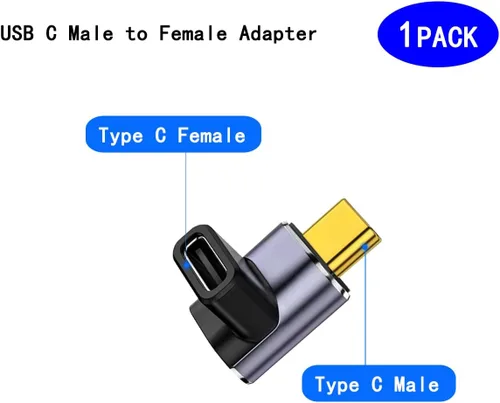 Adaptador USB-C macho a USB-C hembra de 90 grados, 1 paquete de tipo C hacia arriba y hacia abajo en ángulo recto de 40 Gbps PD 100 W extensor de
