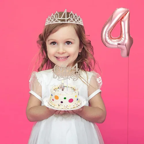 Miniatura 5 de Hysilla Decoraciones de Cumpleaños de 4 Años para Niñas - Banda, Corona, Adorno para Pastel, Globos, Pin y Juego de Velas - Oro Rosa