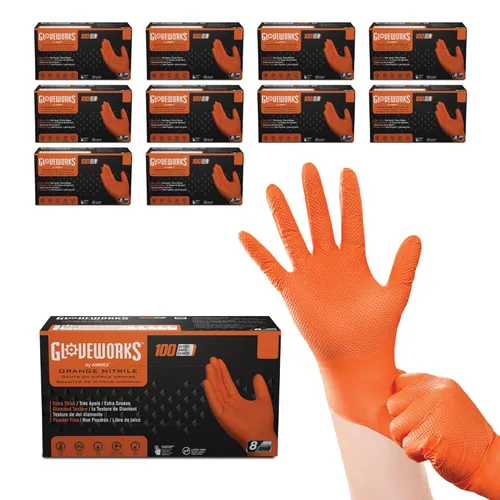 Miniatura 10 de GLOVEWORKS Guantes de trabajo de nitrilo naranja de 8 mil, desechables, resistentes, con agarre de diamante elevado, guante mecánico, XXL, caja