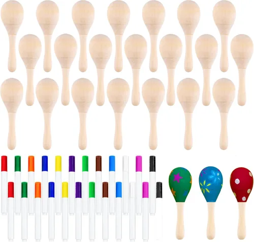 Morcheiong 24 Piezas Mini Maracas de Madera DIY para Niños con 24 Bolígrafos Multicolores, Favores de Maracas Mexicanas de Fiesta, Suministros y