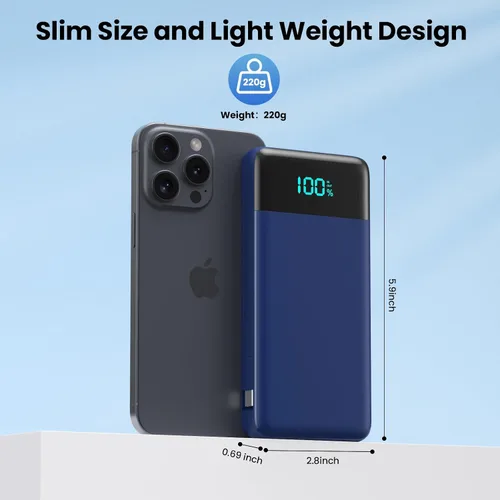 Miniatura 5 de Cargador portátil para iPhone con cables integrados y enchufe de pared, cargador de batería USB C de carga rápida de 13800 mAh, 4 salidas esenciales