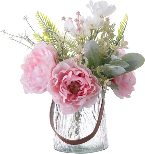 KIRIFLY Flores artificiales falsas en jarrón, centros de mesa de seda de peonía sintética para decoración de mesa de boda (rosa en vidrio)