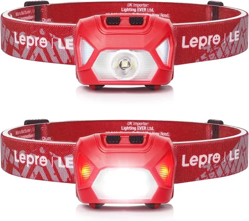 Lepro 320015 - Linterna frontal con batería – 1300Lux lámpara LED súper brillante con luz roja, faros impermeables IPX4 para acampar al aire libre,
