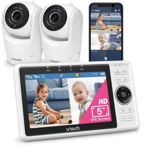 VTech Monitor de bebé WiFi inteligente de 2 cámaras con cámara FHD de 1080p y pantalla IPS HD de 5", aplicación gratuita con video de detección de