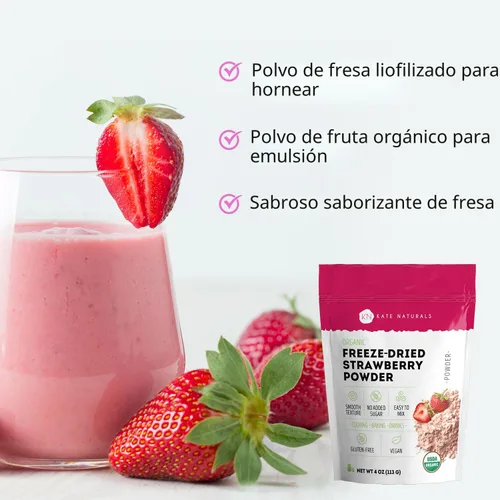 Miniatura 3 de Kate Naturals Polvo de fresa liofilizado orgánico para hornear y bebidas. Sabor natural de fresa para pasteles, glaseado y batidos