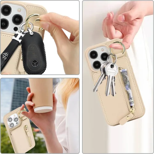 Miniatura 2 de Havaya Funda para iPhone 13 Pro con tarjetero y llavero, soporte de cuero, a prueba de golpes, con ranuras para tarjetas de crédito, cremallera