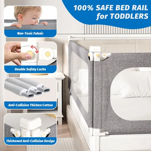 Miniatura 4 de Rieles de cama de 3 piezas tamaño Queen para niños pequeños, con barra para cabecero - Rieles de seguridad ajustables en altura para cama