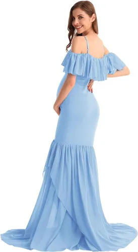 Miniatura 18 de MYRISAM Vestido de maternidad con volantes y hombros descubiertos para mujer, vestido de fiesta de sirena de gasa, vestido ajustado