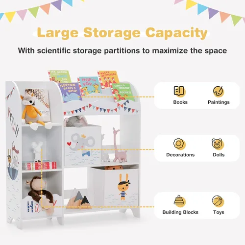 Miniatura 7 de HONEY JOY Organizador de almacenamiento de juguetes para niños, unidad de almacenamiento de madera con 2 cajas, estantería de exhibición para niños