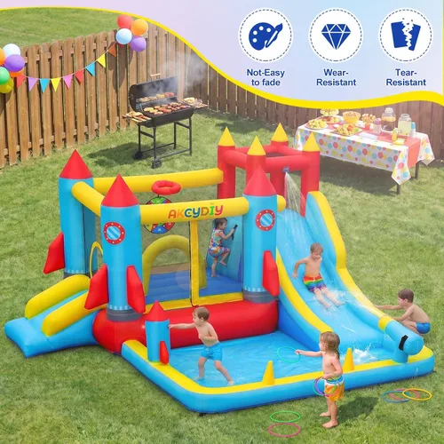 Miniatura 3 de Casa inflable de rebote con tobogán acuático, 12 en 1, tobogán acuático inflable con piscina de salpicaduras, aro de baloncesto, pistola de agua