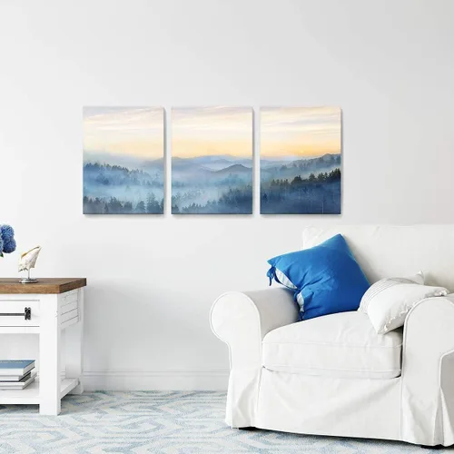 Miniatura 5 de Decoración de pared para dormitorio, 3 paneles, estampado de bosque brumoso con salida del sol, arte de pared para sala de estar, baño, lienzo