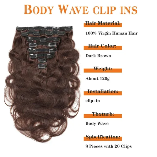 Miniatura 2 de Clip in Hair Extensions Real Human Hair Extensions Clip Ins 120g Grade Body Wave 8Pcs 100% 10A Brazilian Remy Hair Extensions 24 Inch