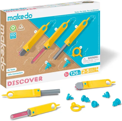 Makedo Descubre | Kit de herramientas de construcción de cartón reciclado en caja de herramientas pequeña (126 piezas) | Juguetes educativos STEM +
