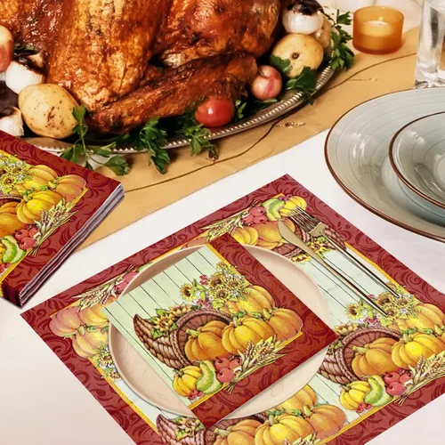 Miniatura 4 de Paquete de 60 servilletas de papel para el día de Acción de Gracias, 13 x 13 pulgadas, desechables, cornucopia, calabaza, vajilla, almuerzo, cóctel