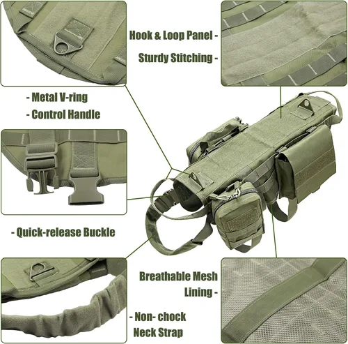 Miniatura 2 de AIWAI Arnés táctico para perro con bolsas, arnés de chaleco para perros grandes y medianos, arnés militar ajustable sin tirones con asa, caminar