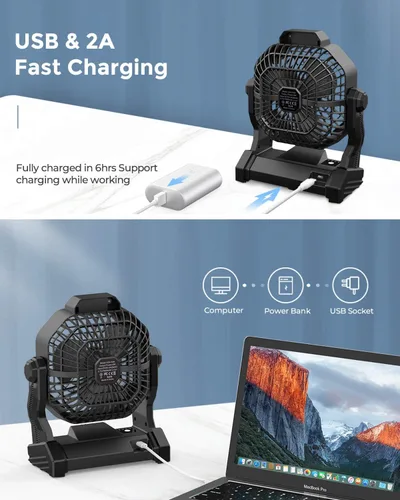 Miniatura 3 de JINLICTE Ventilador de camping con linterna LED, 36 horas 9 pulgadas, ventilador portátil recargable con batería con velocidad continua y funciona