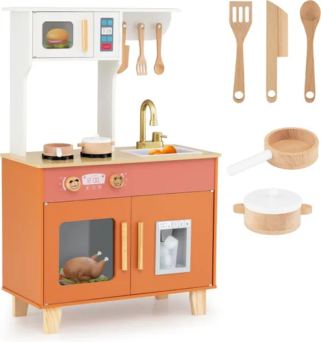 Miniatura 9 de Costzon Cocina de juego para niños, juego de cocina Little Chef con microondas, estufas, pomos de rotación, dispensador de hielo, grifo, fregadero