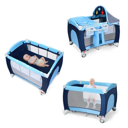 Miniatura 2 de HONEY JOY Empaca y juega con moisés, 4 en 1 portátil para bebé con cambiador, red y juguetes lindos, bolsa de almacenamiento de pañales, caja de Azul